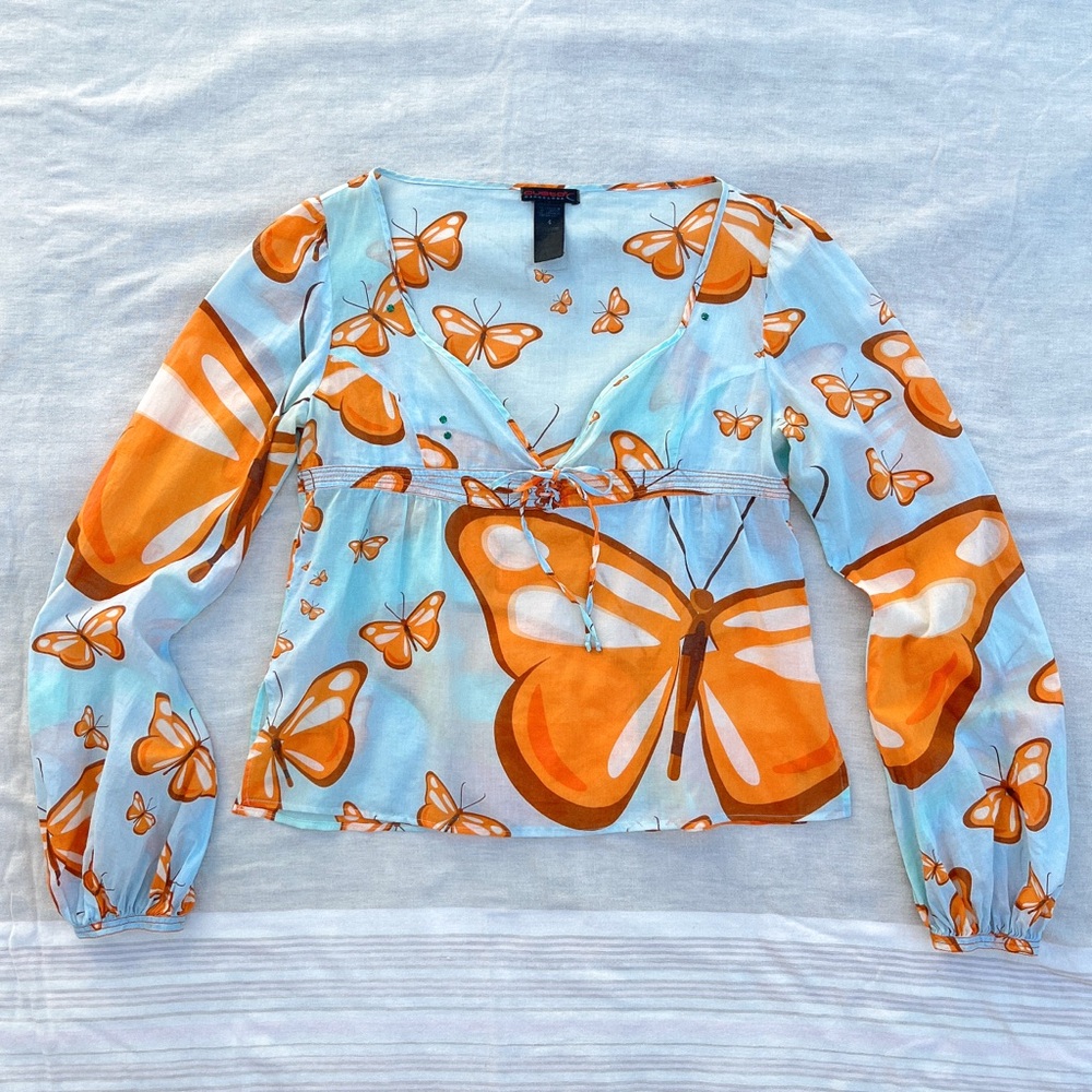 Vintage Custo Barcelona Y2K blue and orange butterfly cotton peasant blouse Sz 4
